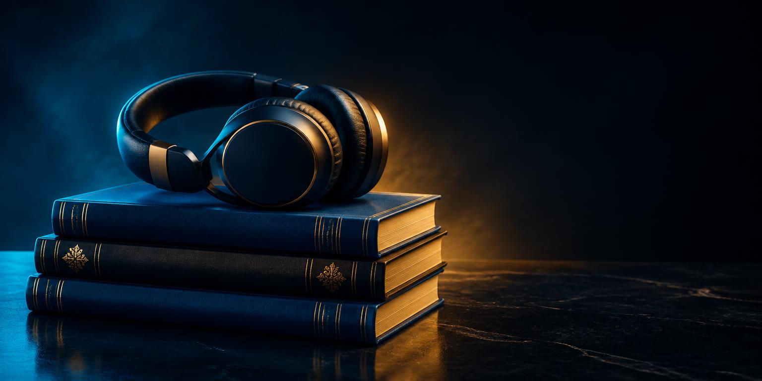Headphones over books, audiobook listening
